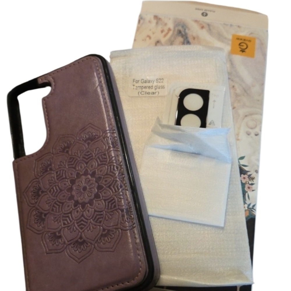 Samsung Galaxy S22 Tempered Glass And Lens Camera Protector Wallet Case Purple